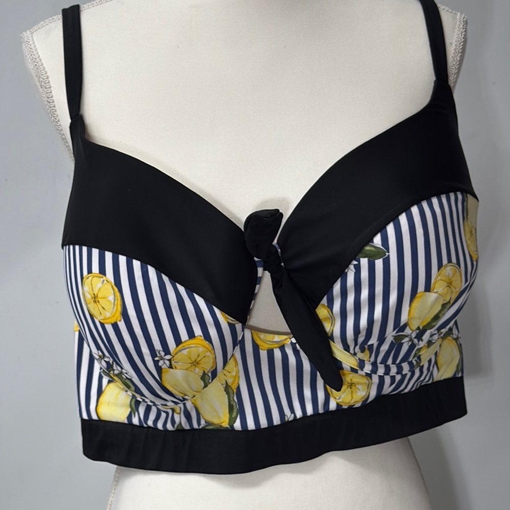 Cacique Striped Bikini Top Black Blue Lemons Swimsuit Top Size 44 DDD Plus Size